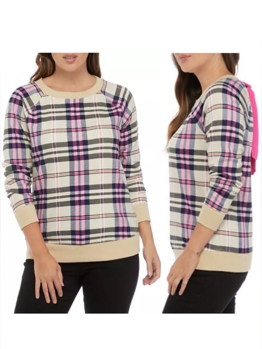 crown & ivy Women’s Tan Navy Blue Pink Plaid Bow Back Sweatshirt Size 3X - Picture 2 of 9